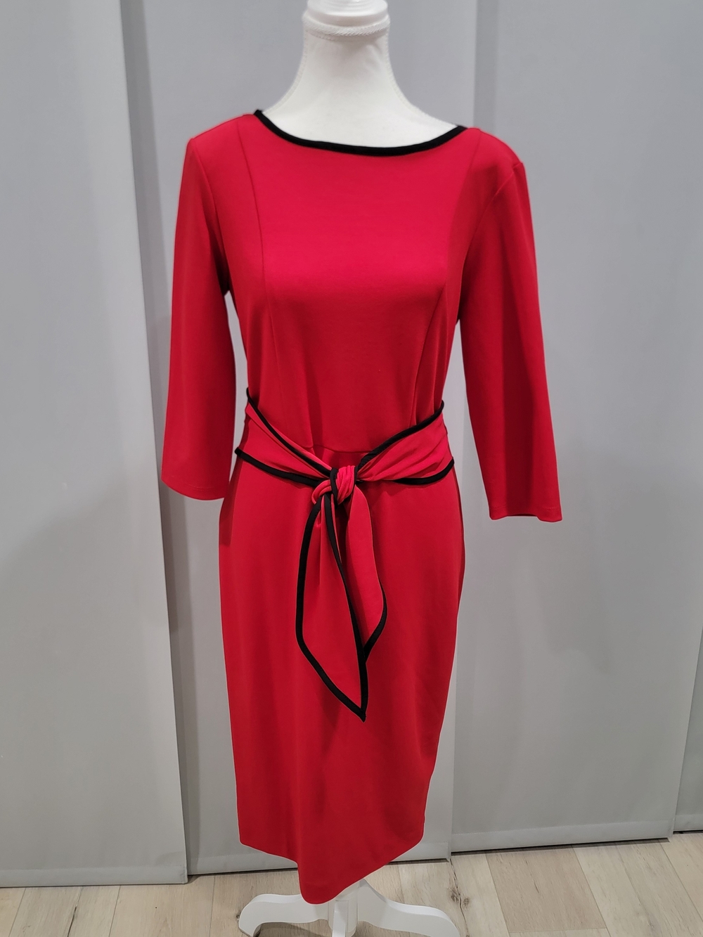 Joseph Ribkoff Red Midi Dress with Black Trim and Tie